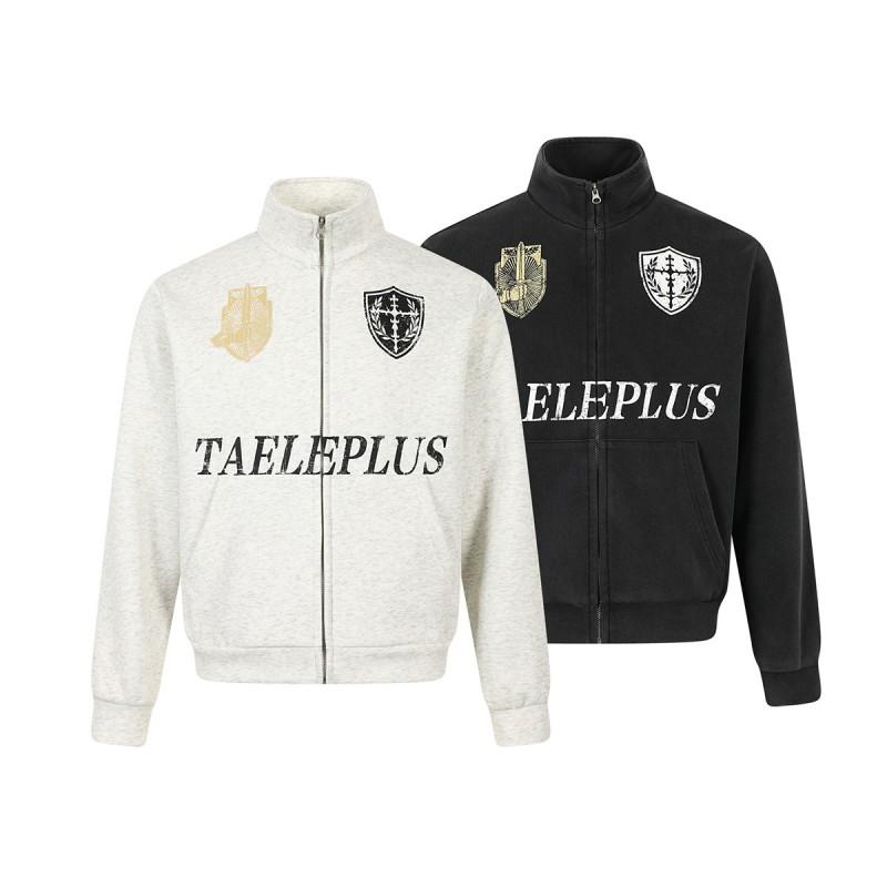 Mens Retro American Style Washed Badge Print Stand Collar Zip-Up Hoodie Sweater Casual Outerwear