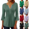 Women's Solid Color Hollow V-neck Button-down Flared Three-quarter Sleeve Top