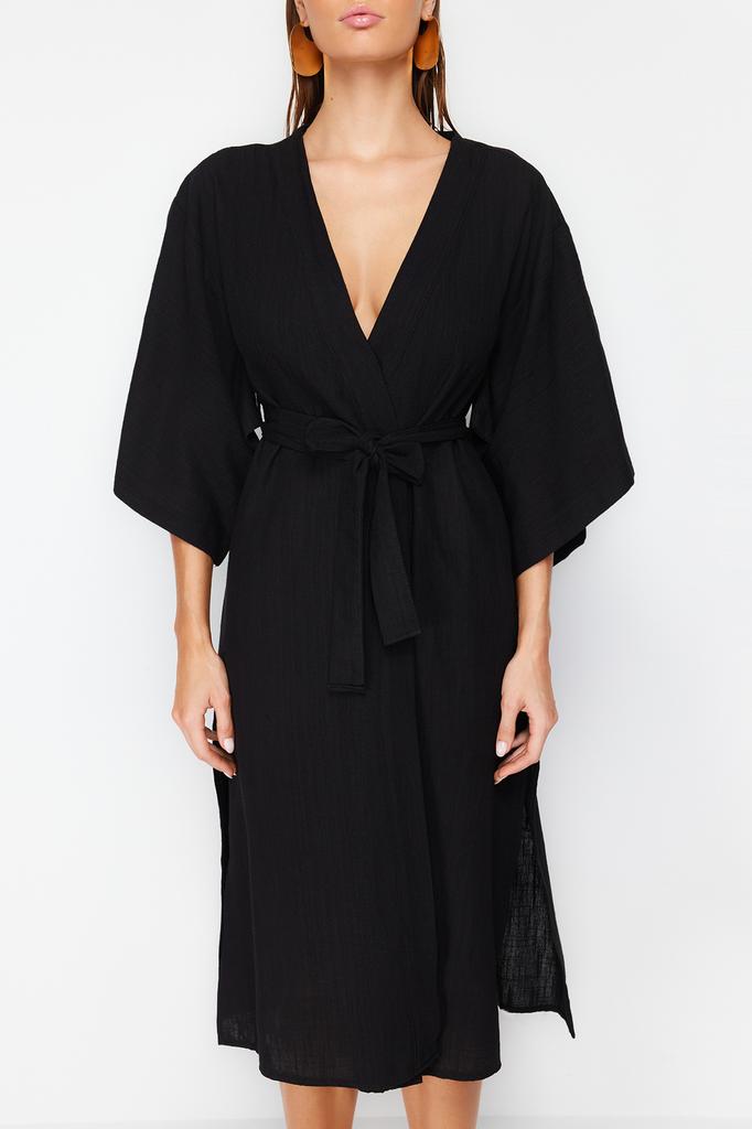 Women's Fashion New Kimono&Kaftan Green Belted Maxi Woven Linen Look KimonoKaftan