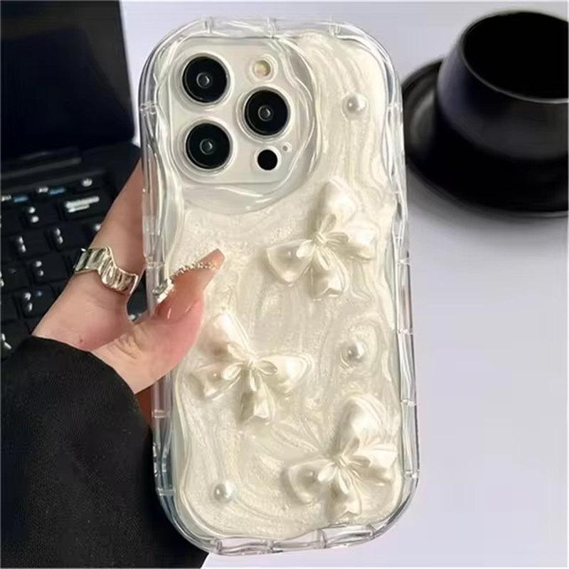 Cute Korean 3D Bow Pearl Phone Case For iPhone 15 14 13 12 11 Pro Max 14 Plus XS XR XS Max Shockproof Soft Cover