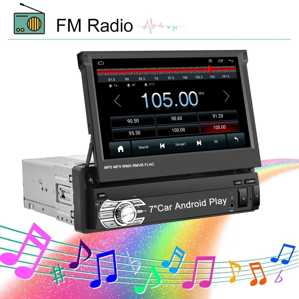 1 Din Radio with Bluetooth, 7 Inch Flip Out Screen Retractable Car Stereo Support FM/SWC/TF/USB/Type C/AXU + Rear View Camera