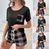 Women's Graphic Pajamas Sets Crew Neck Short Sleeve Top Plaid Shorts Sleepwear