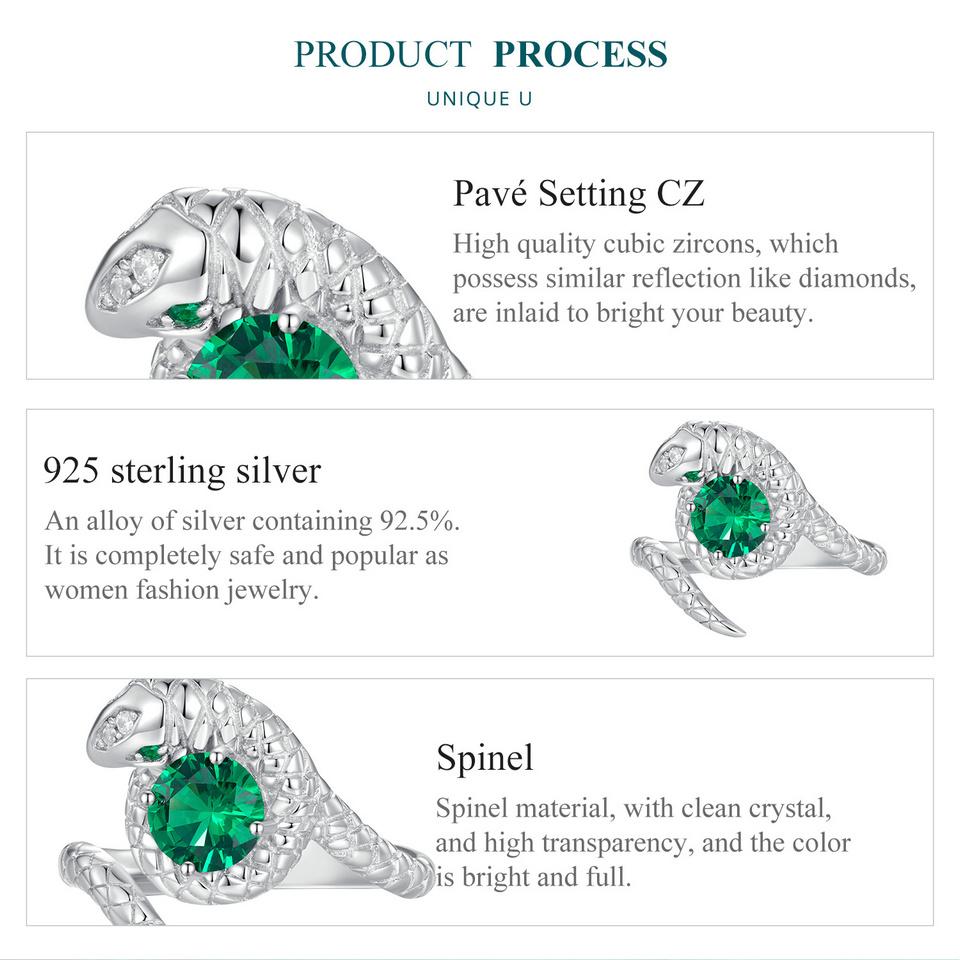BAMOER 925 Sterling Silver Green Spinel Opening Ring Vivid Snake Adjustable Ring for Women Cubic Zirconia Fine Jewelry