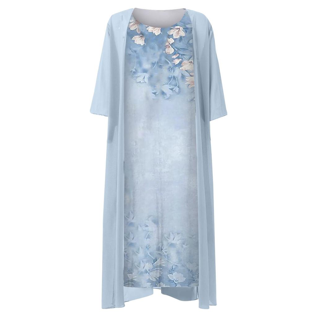 Женское повседневное модное платье с круглым вырезом средней длины и длиной из двух частей