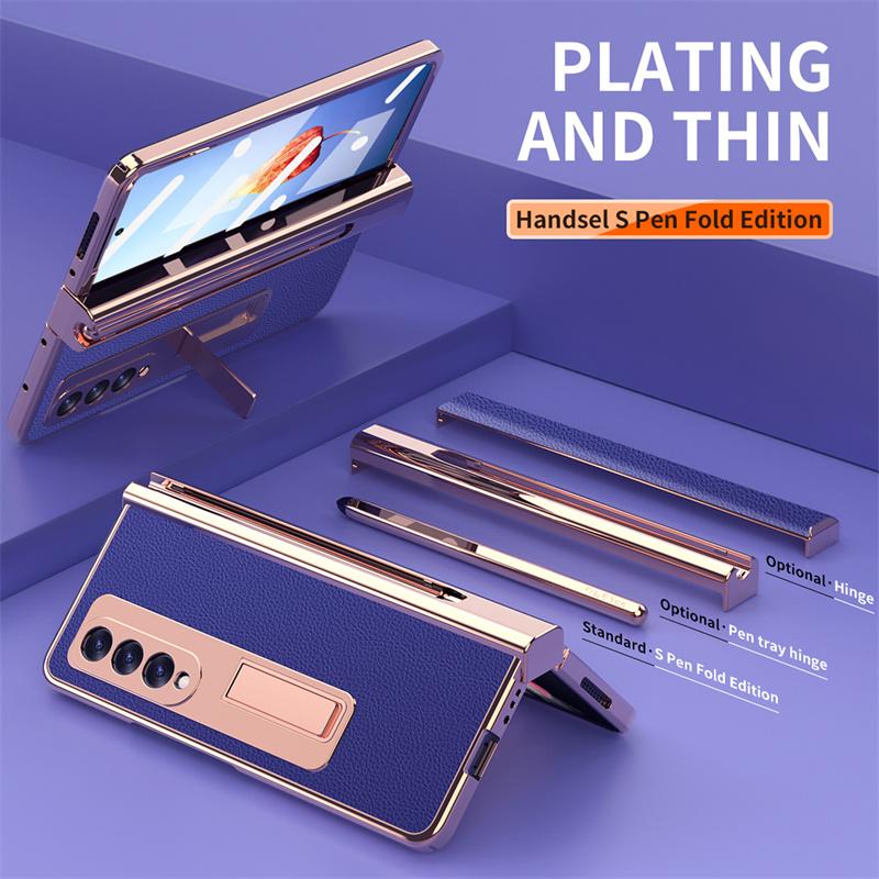 Fully Protected Electroplated PC Leather Bracket Hinge Phone Case For Samsung Galaxy Z Fold 5 4 3 2 Screen Protector With S Pen