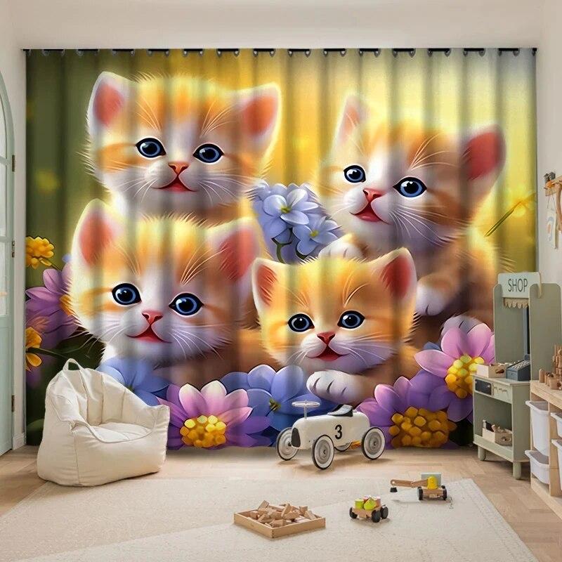 Плотные шторы с милым котом, детская комната, эркер, окно от пола до потолка, простая установка, затенение, тепло, различные узоры