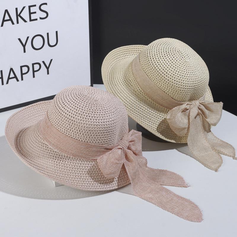 Hat Brim Straw Wide Foldable With Bowknot For Women Summer Sun Protection Casual Style