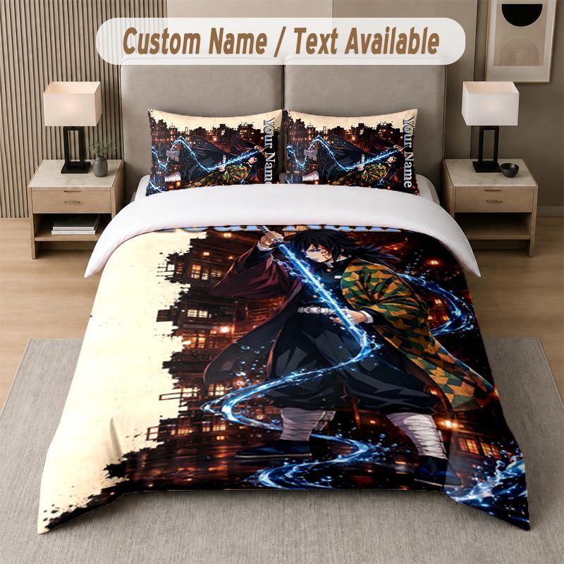 Demon Slayer 3Pcs Bedding Set, Personalized Custom Name Text, 1 Duvet Cover & 2 Pillowcases For Bedroom