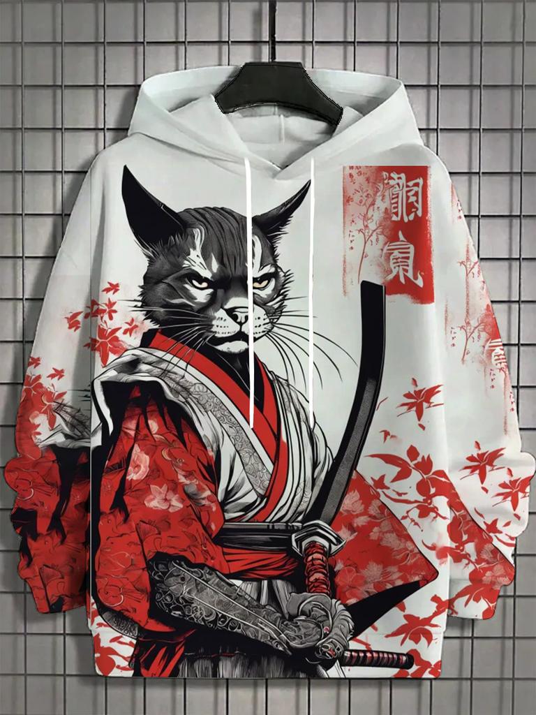 Осень и зима Новая мужская толстовка с капюшоном с 3D принтом во весь рост и принтом японского самурая и котенка унисекс повседневная модная мужская толстовка с капюшоном