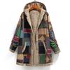 Women Retro Winter Warm Fleecing Outwear Hooded Zipper Long Jacket Plus Size Loose Printed Coat with Pockets