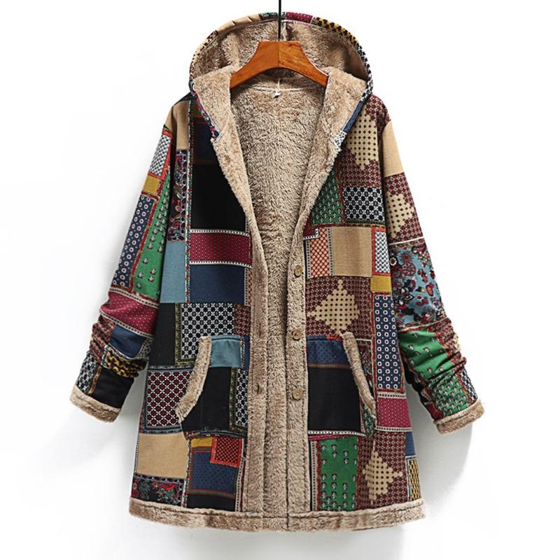 Casual Women Warm Outwear Retro Printed Pockets Zipper Hooded Long Sleeve Thicker Coat Plus Size