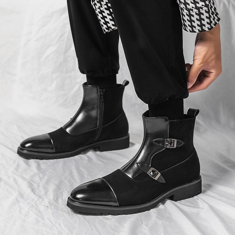 Fashion British New Winter Pointed Toe Men Mid-calf Business Boots Buckle Strap Boots Leather Monk Strap Shoes Street Motorcycle Boots