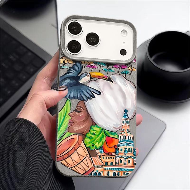 For iPhone 17 Pro Max Case Luxury Tropical-style Toucan Pattern Leather Texture Silicone Cover For iPhone 16 Pro Max 15 14 13 12 11 16E Air