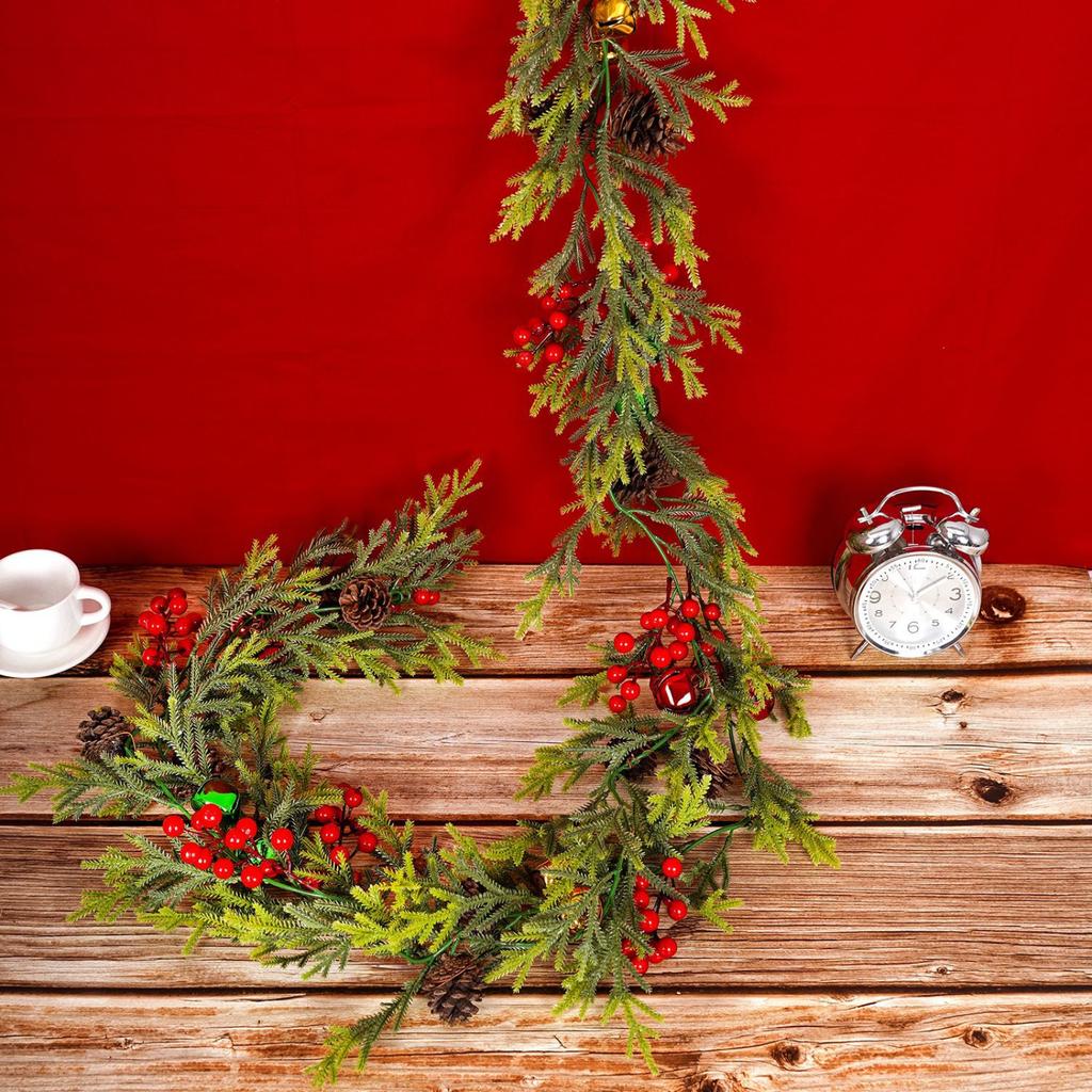 Christmas Wreath With Cones, Red Berries, Bells, Powered Lights, Suitable For Door Frames, Stairs, Fireplaces, Indoors And Outdoors