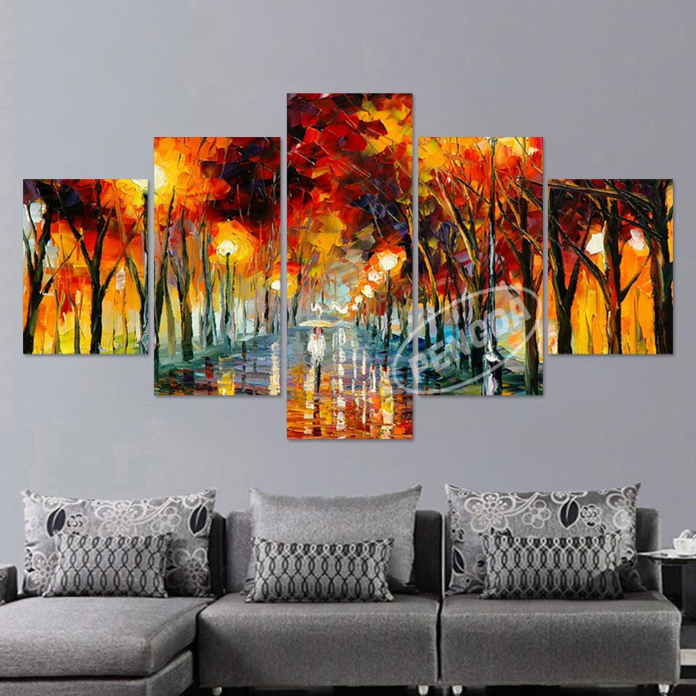 Печать на холсте, постер, домашний декор, настенное искусство, 5 шт., «Прогулка под дождем», ночной пейзаж, абстрактные цветные картины с деревом