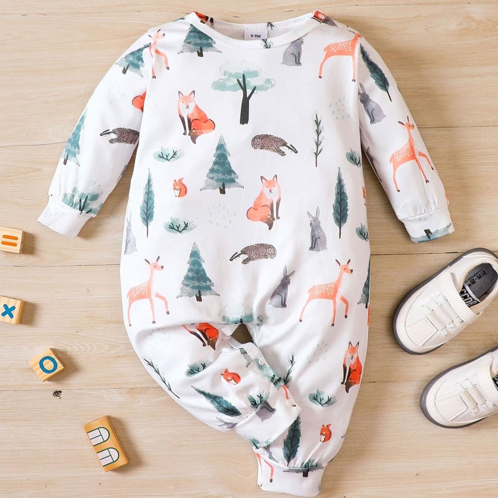 Baby Long Sleeve Cute Cartoon Animal Graphic Romper, Newborn Spring And Autumn Jumpsuit