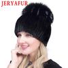 Real Mink Fur Pompom Hat Female Fashion Fox Fur Winter Hats For Women Thick Warm Knitting Beanies