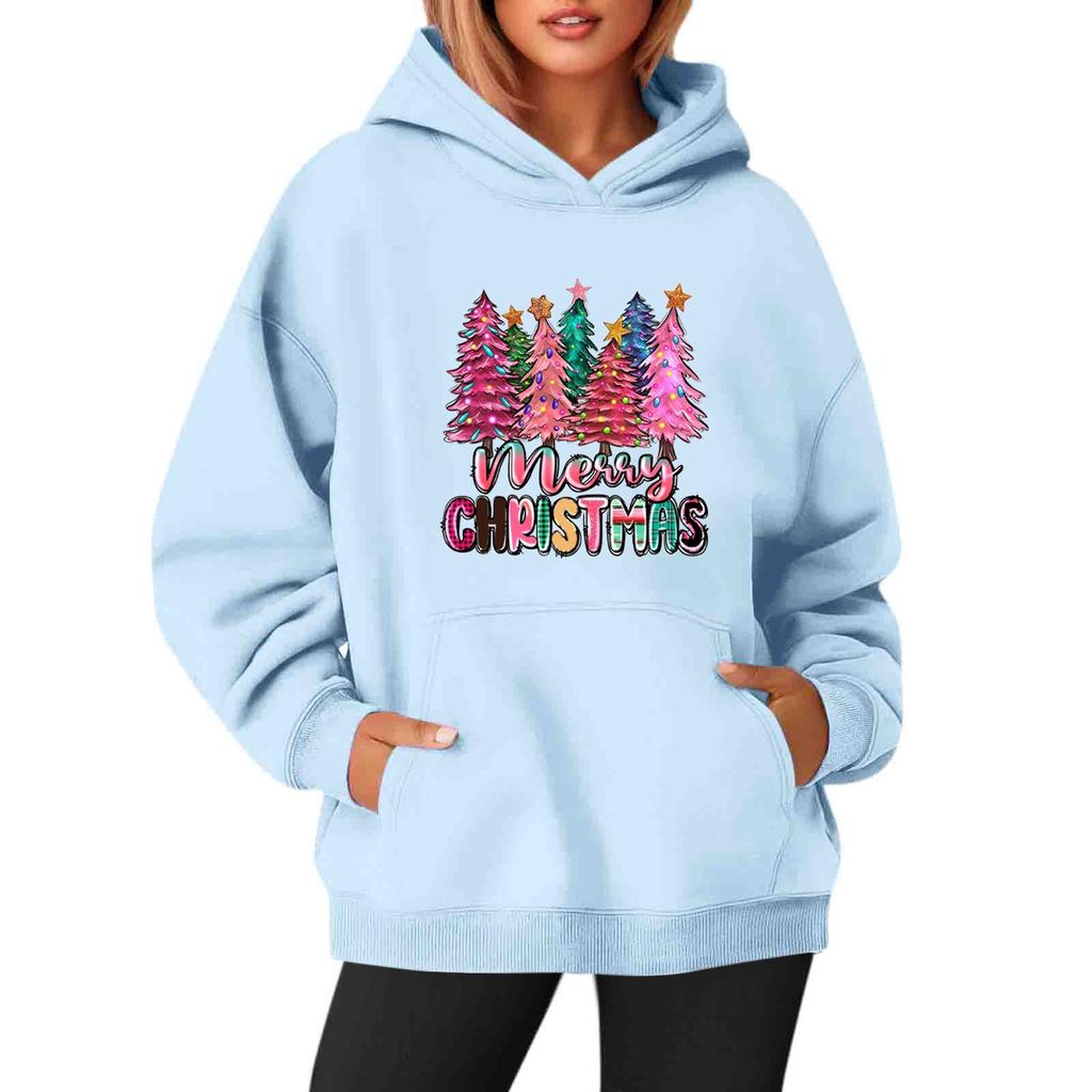Women's Sweatshirts O-neck Long Sleeve Christmas Printed Top Solid Color Hoodie