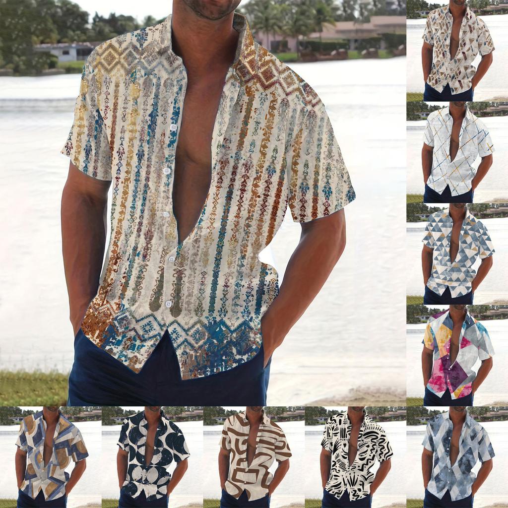 Men's Summer New Loose Print Short Sleeve Shirt Cardigan Beach Shirt