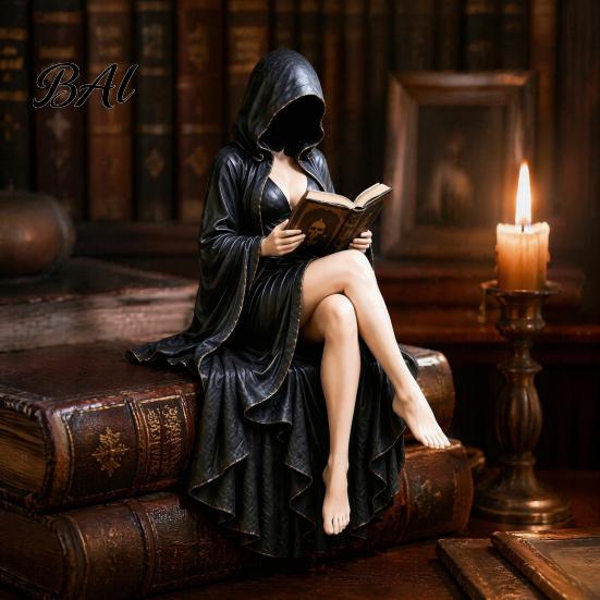 Мистическое Украшение для Книжной Полки, Статуэтка Готического Читателя, Скелет в Капюшоне из Смолы, Сидящая Статуэтка Книги, Аксессуары для Комнаты в Стиле Dark Academia для Книжной Полки, Стола