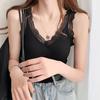 Women Thermal Vest Lace Trim Plush-lined V Neck Sleeveless Thread Solid Color Slim Fit Elastic with Chest Pads Layering