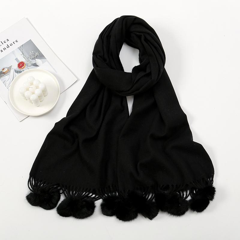 Women Warm Scarf With Rabbit Fur Ball Pashmina Thick Scarves Shawls Winter Cashmere Pompom Scarf Ladies Oversize Blanket Wrap