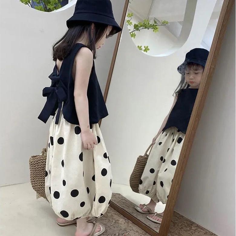 Детский костюм, летняя одежда, тонкий жилет с бабочкой и росой на спине для девочек, повседневные брюки без рукавов, брюки-фонарики, широкие брюки, корейский комплект из двух предметов