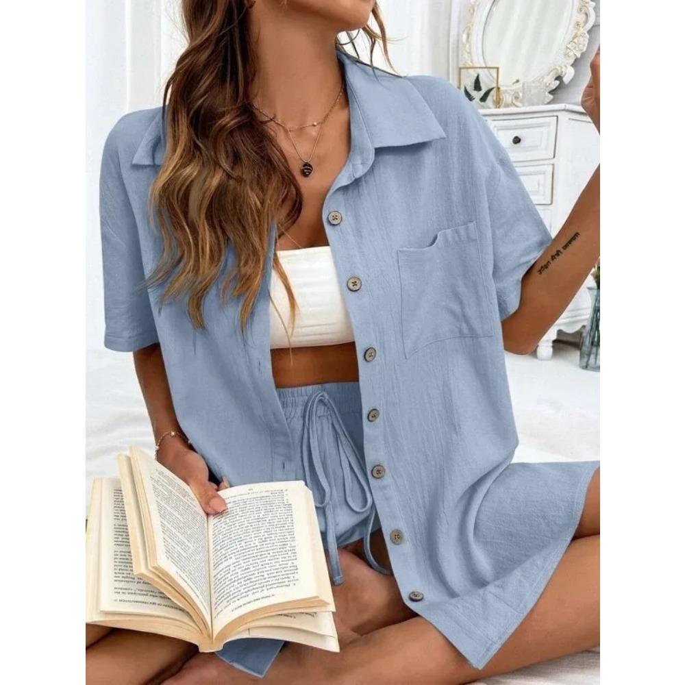 Женский повседневный костюм, летняя женская мода, повседневная свободная однобортная рубашка, шорты с коротким рукавом, комплект из двух предметов