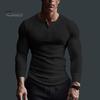 Spring Autumn Men Top Buttoned V Neck Slim Fit Stretchy Mid Length Tee Long Sleeves Pullover Sweatshirt for Home Sports Gym Street Wear