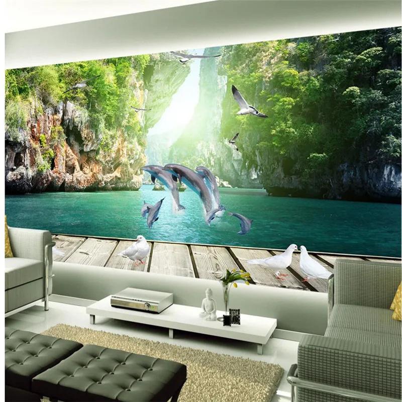 Современные обои для плавания дельфинов Морской пейзаж Настенная фреска Гостиная Диван Фон Настенная фреска Обои