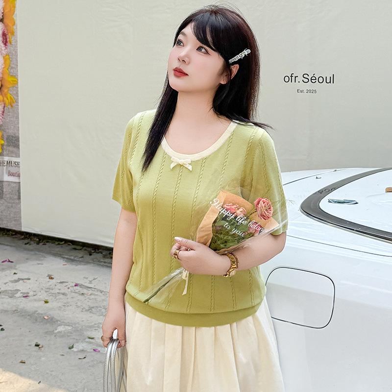 Плюс Размер Женский Летний Круглый Вырез Дизайн Feel Color Трикотажный Свободный Короткий Рукав Топ