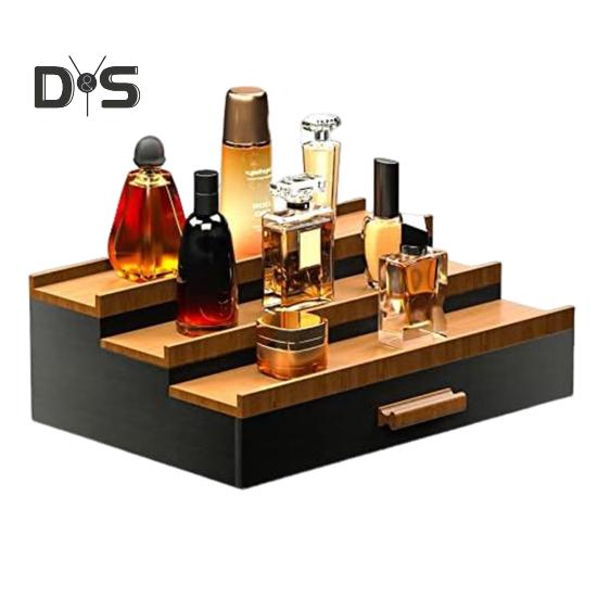 3 Tiers Wooden Perfume Display Stand with Storage Drawer Large Capacity Desktop Perfume Organizer Storage Box