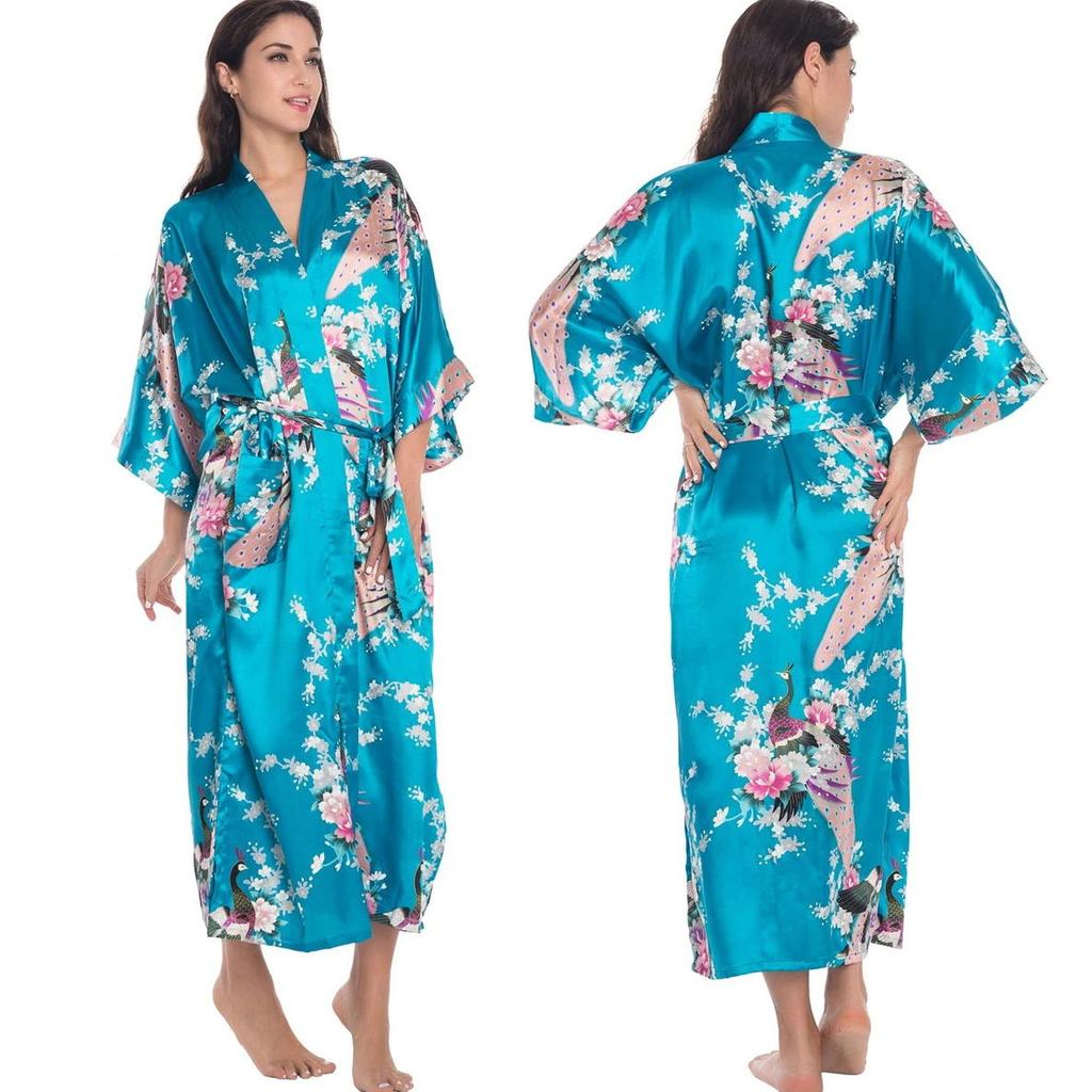 Spring Summer Women's Long Robe Sleepwear Print Flower Half Sleeve Kimono Bathrobe Gown Loose Silk Satin Nightgown Home Clothes