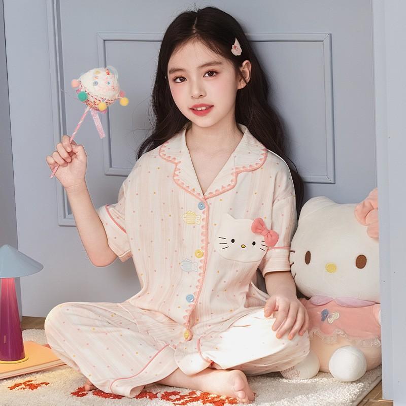 Girls Cartoon Cotton Pajama Set Short Sleeve Long Pants Sleepwear Kids 8 Years Comfortable Home Wear