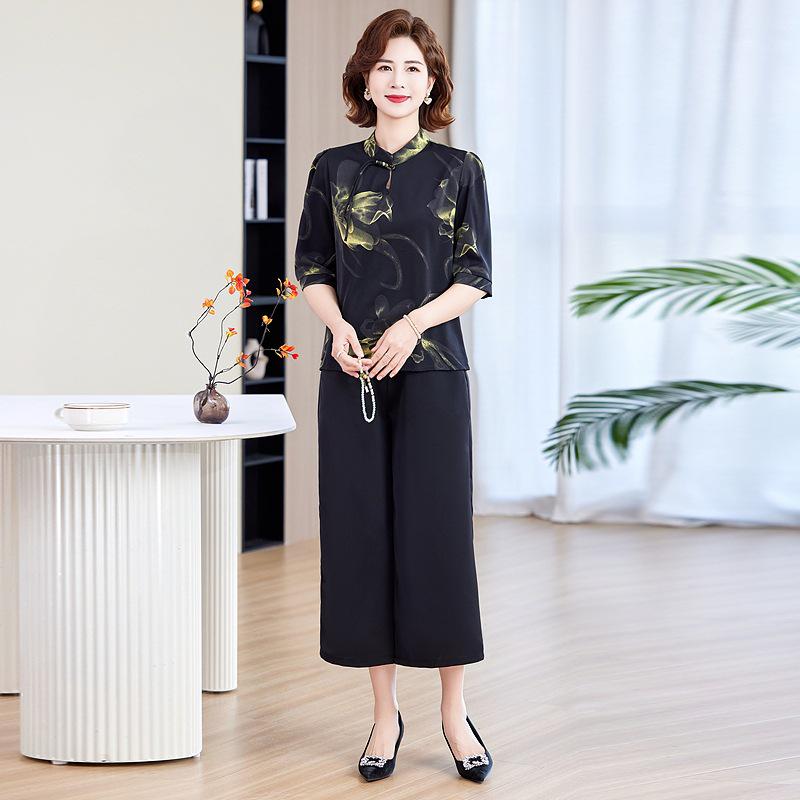 Новый шифоновый костюм мамы 2025: Комплект из двух вещей в китайском стиле, омолаживающий, для женщин среднего и пожилого возраста