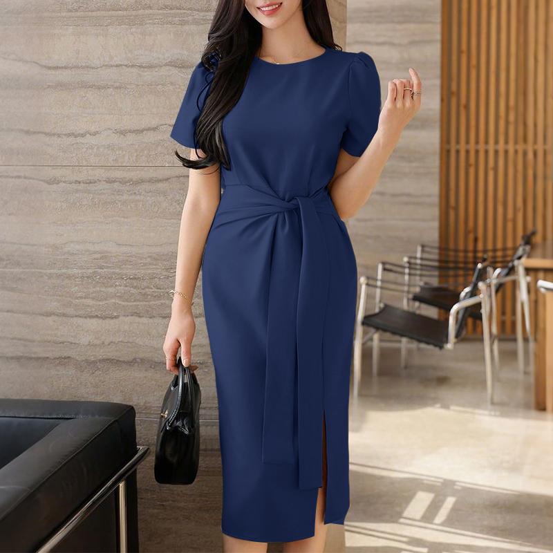 ZANZEA Женское повседневное платье-футляр с круглым вырезом и коротким рукавом