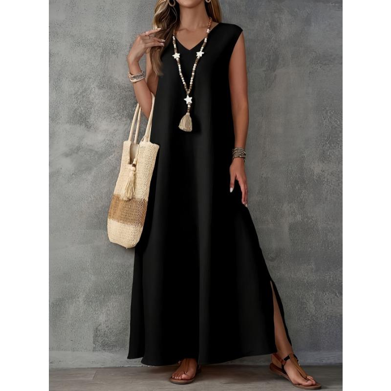 Sleeveless V-neck Side Split Summer Long Dress Elegant Fashion Loose Casual Simple A-line Party Maxi Long Dress Solid Color Woman Clothing