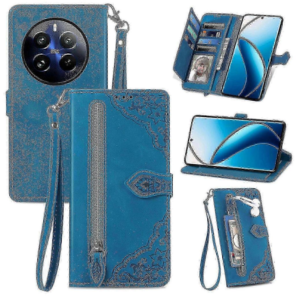 Emed Flower Zipper Leather Phone Case for Realme 12 Pro - Stylish Protective Cover SZRH in Blue