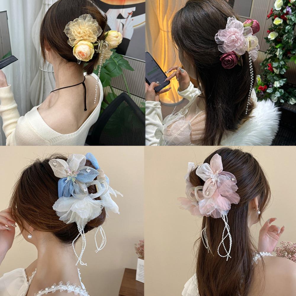 Заколка-краб для волос с цветочным жемчугом, кисточкой, элегантные заколки для волос с крабами, аксессуары для волос
