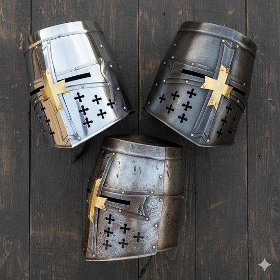 Handmade Crusader Templar Helmet with Golden Brass Cross, Wearable Medieval Knight Helmet for Halloween, SCA, Cosplay and Collectors' Gift