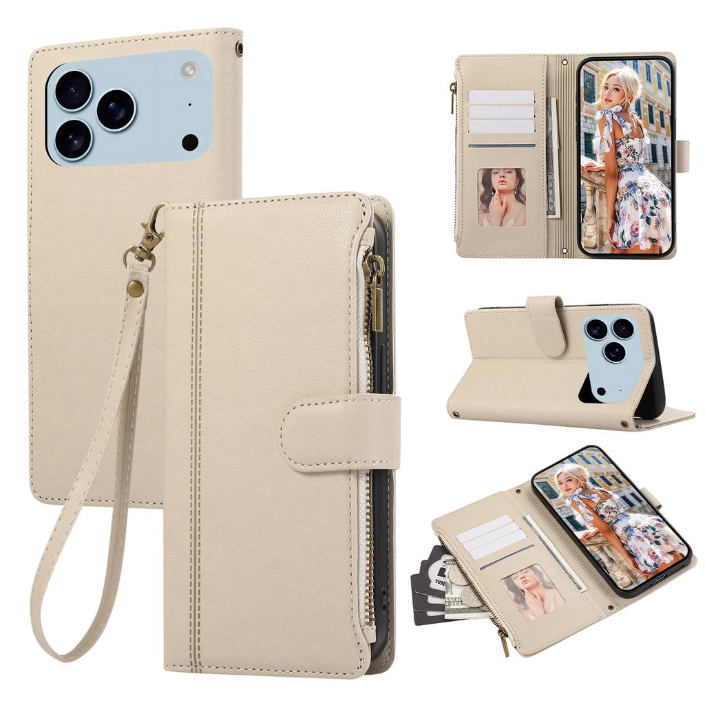 For iPhone 17 Pro Max Case Multi Card Slots Zipper Leather Phone Cover with Wrist Strap