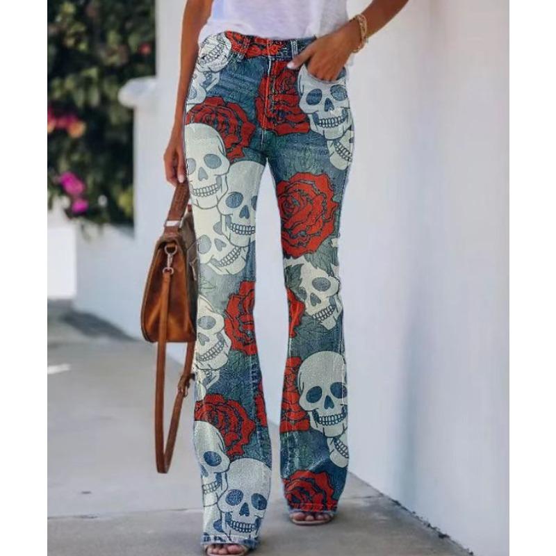 Повседневные джинсы с принтом, узкого кроя, с цветочным узором и черепами, расклешенные от колена, большого размера