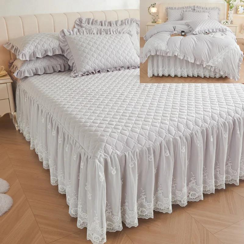 Однотонная клетчатая кружевная вышитая юбка-кровать, утолщенная стеганая пылезащитная наволочка, моющиеся нескользящие простыни, постельные принадлежности