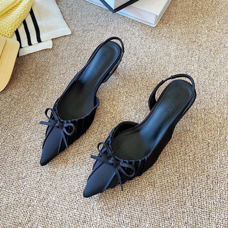 Fashion Women Pointed Toe Stiletto Heels Bow Pleated Open Back Sandals Chic Designer High Heel Shoes for Women