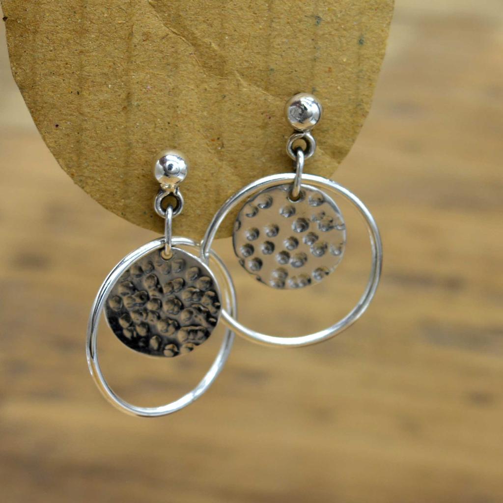 Hammered Disk Dangle Studs Earrings, 925 Sterling Silver Women Handmade Earrings Gift For Her