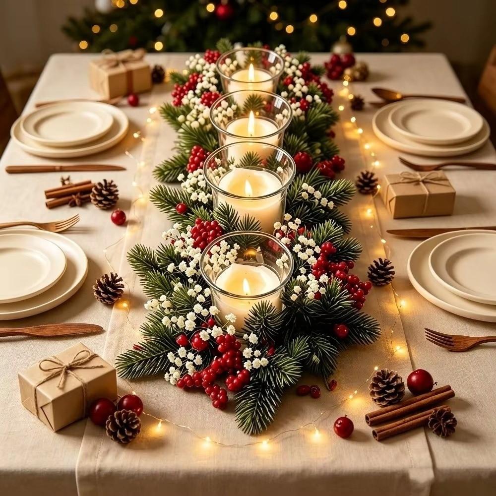 Artificial Pine Needles Christmas Wreath Red Berries Candle Ring Wreath Table Centerpiece