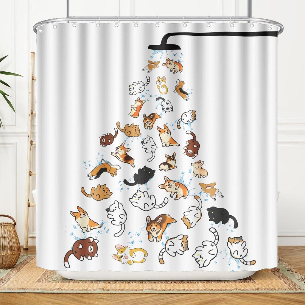Забавные занавески для душа с собаками и кошками, детские мультяшные животные, милые питомцы, уморительный дизайн, декор для ванной комнаты, тканевая шторка для ванны с крючками
