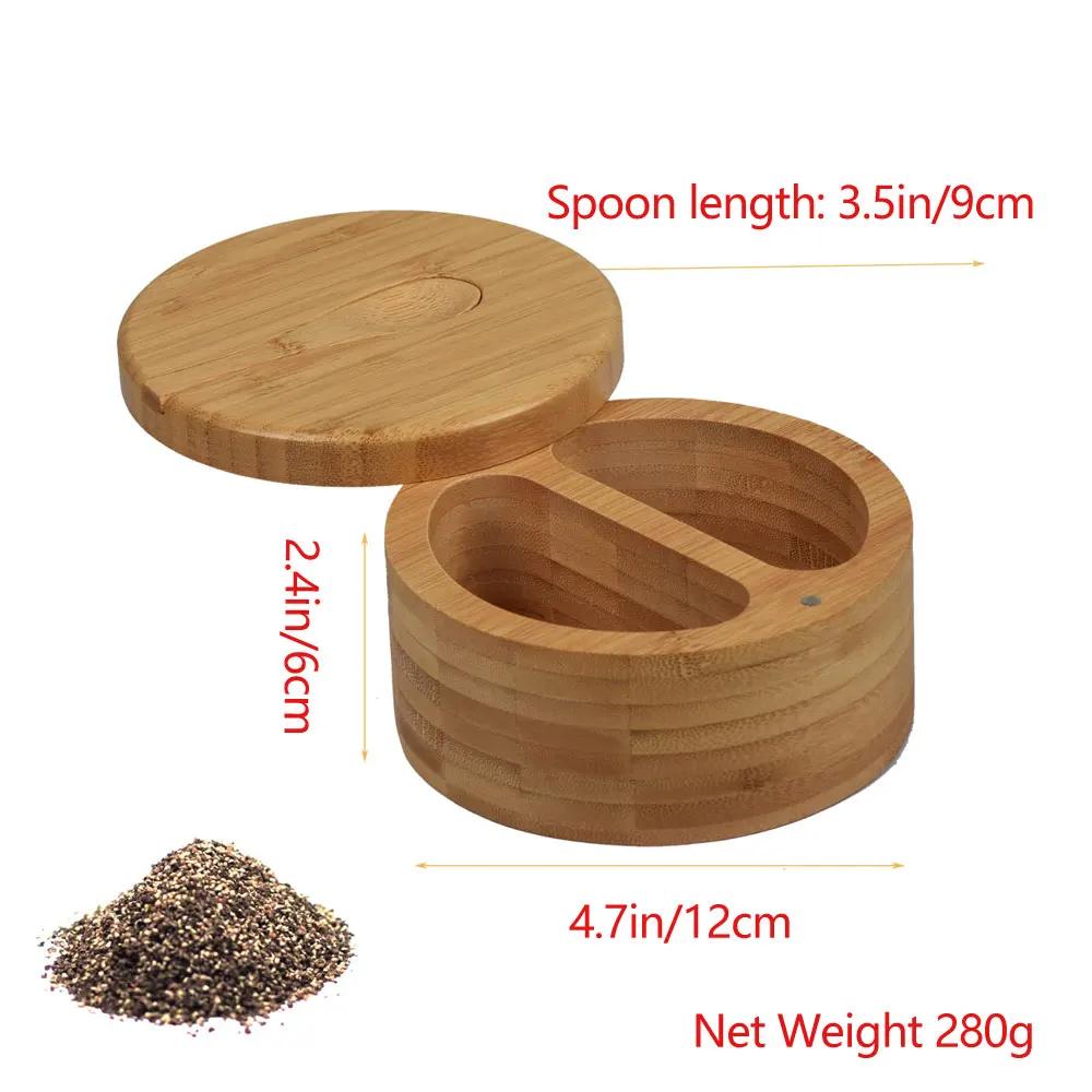Бамбуковый контейнер для соли, ложка, банка для приправ с поворотной магнитной крышкой для хранения, держатель для специй и перца