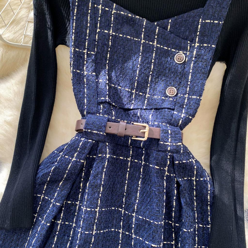 Осенне-зимний женский комплект свитер-платье, повседневный вязаный пуловер, топы + клетчатое твидовое платье, наряды из 2 предметов, женский с поясом