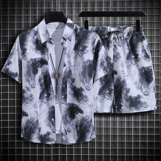 2 шт./комплект мужской пляжный наряд однобортная рубашка с лацканами и коротким рукавом эластичный шнурок на талии широкие шорты комплект